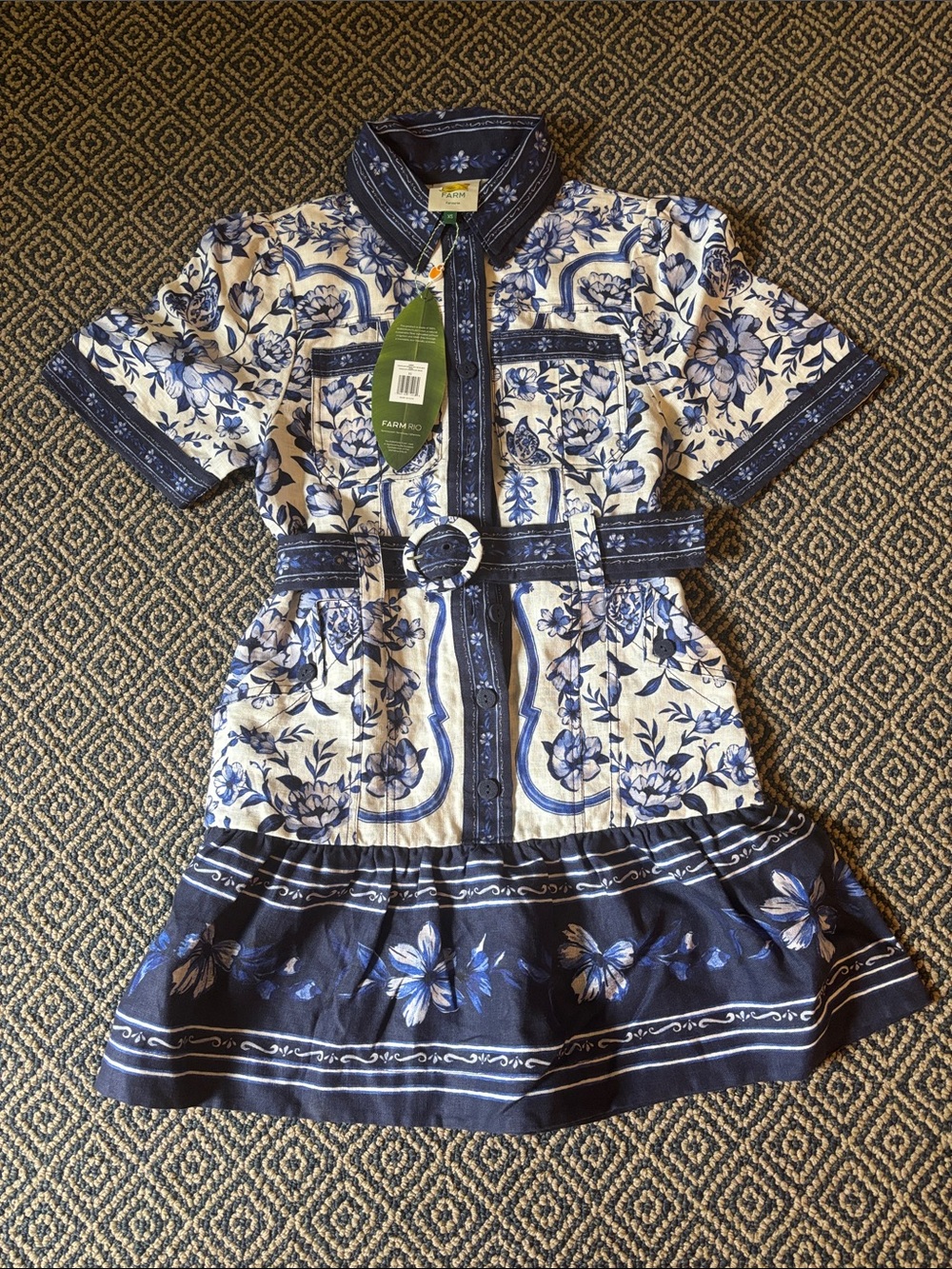 FARM Rio White and Blue Floral Shirtwaist Dress with Belt
